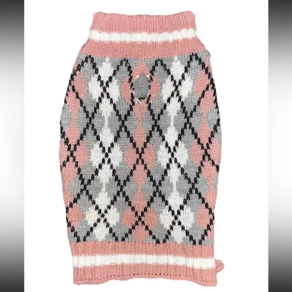Dog Sweater Pink & Gray Plaid Small